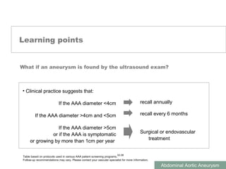ABDOMINAL AORTIC ANEURYSMS
Abdominal Aortic Aneurysm
Learning points
What if an aneurysm is found by the ultrasound exam?
• Clinical practice suggests that:
If the AAA diameter <4cm
If the AAA diameter >4cm and <5cm
If the AAA diameter >5cm
or if the AAA is symptomatic
or growing by more than 1cm per year
recall annually
recall every 6 months
Surgical or endovascular
treatment
Table based on protocols used in various AAA patient screening programs.
Follow-up recommendations may vary. Please contact your vascular specialist for more information.
33-38
 
