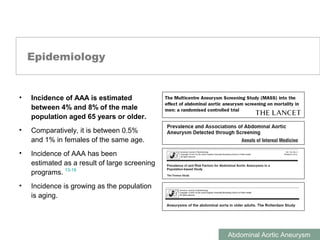 ABDOMINAL AORTIC ANEURYSMS
Abdominal Aortic Aneurysm
Epidemiology
• Incidence of AAA is estimated
between 4% and 8% of the male
population aged 65 years or older.
• Comparatively, it is between 0.5%
and 1% in females of the same age.
• Incidence of AAA has been
estimated as a result of large screening
programs.
• Incidence is growing as the population
is aging.
13-19
 