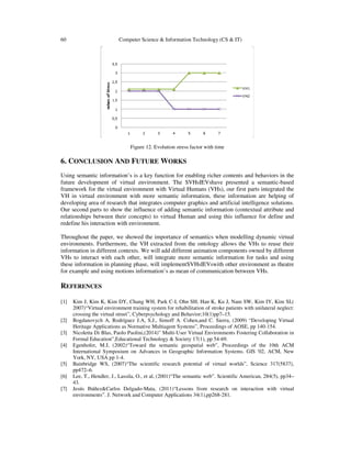 60 Computer Science & Information Technology (CS & IT)
Figure 12. Evolution stress factor with time
6. CONCLUSION AND FUTURE WORKS
Using semantic information’s is a key function for enabling richer contents and behaviors in the
future development of virtual environment. The SVHsIEVshave presented a semantic-based
framework for the virtual environment with Virtual Humans (VHs), our first parts integrated the
VH in virtual environment with more semantic information, these information are helping of
developing area of research that integrates computer graphics and artificial intelligence solutions.
Our second parts to show the influence of adding semantic information (contextual attribute and
relationships between their concepts) to virtual Human and using this influence for define and
redefine his interaction with environment.
Throughout the paper, we showed the importance of semantics when modelling dynamic virtual
environments. Furthermore, the VH extracted from the ontology allows the VHs to reuse their
information in different contexts. We will add different animation components owned by different
VHs to interact with each other, will integrate more semantic information for tasks and using
these information in planning phase, will implementSVHsIEVswith other environment as theatre
for example and using motions information’s as mean of communication between VHs.
REFERENCES
[1] Kim J, Kim K, Kim DY, Chang WH, Park C-I, Ohn SH, Han K, Ku J, Nam SW, Kim IY, Kim SI,(
2007)“Virtual environment training system for rehabilitation of stroke patients with unilateral neglect:
crossing the virtual street”, Cyberpsychology and Behavior;10(1)pp7–15.
[2] Bogdanovych A, Rodríguez J.A, S.J., Simoff A. Cohen,and C. Sierra, (2009) “Developing Virtual
Heritage Applications as Normative Multiagent Systems”, Proceedings of AOSE, pp 140-154.
[3] Nicoletta Di Blas, Paolo Paolini,(2014)” Multi-User Virtual Environments Fostering Collaboration in
Formal Education”,Educational Technology & Society 17(1), pp 54-69.
[4] Egenhofer, M.J, (2002)“Toward the semantic geospatial web”, Proceedings of the 10th ACM
International Symposium on Advances in Geographic Information Systems. GIS '02, ACM, New
York, NY, USA pp 1-4.
[5] Bainbridge WS, (2007)“The scientific research potential of virtual worlds”, Science 317(5837),
pp472–6.
[6] Lee, T., Hendler, J., Lassila, O., et al, (2001)“The semantic web”. Scientific American, 284(5), pp34–
43.
[7] Jesús Ibáñez&Carlos Delgado-Mata, (2011)“Lessons from research on interaction with virtual
environments”. J. Network and Computer Applications 34(1),pp268-281.
 