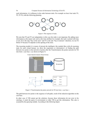 56 Computer Science & Information Technology (CS & IT)
each information, it is influence in the order between tasks. For example we have four tasks T1,
T2, T3 T4, with the following planning.
Figure 4. The sequence of tasks
We note that T2 and T3 are independent; in this case the order is not important. By adding more
information as the nature task such as the time attribute for example, this task is joined with time
or not; T2 is the task “buy in the store” and T3 is the task “buy in internet”; therefore, we run T2
before T3 because T2 depends on the opening of the store.
The reasoning module it is means of present the intelligent, this module likes with all reasoning
tasks for each virtual human; we show the experience or information’s of finding the path
between two points in the network of points after the Transformation the points network for VE
into form « case base ».(as shown in Figure 5)
Figure 5. Transformation the points network for VE into form « case base »
The path between two points is the sequence of sub-paths, result of the induction algorithm on the
case base.
In other case; if VH cannot get the solutions, because these information do not exist in his
ontology, it sends the query to environment or other VH to get this information. This asks is
assumed by the querying module. According to the following figure:
 