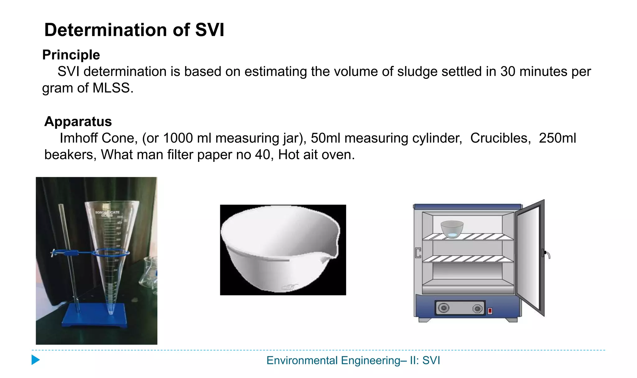 Environmental Engineering– II: SVI
Determination of SVI
Principle
SVI determination is based on estimating the volume of sludge settled in 30 minutes per
gram of MLSS.
Apparatus
Imhoff Cone, (or 1000 ml measuring jar), 50ml measuring cylinder, Crucibles, 250ml
beakers, What man filter paper no 40, Hot ait oven.
 