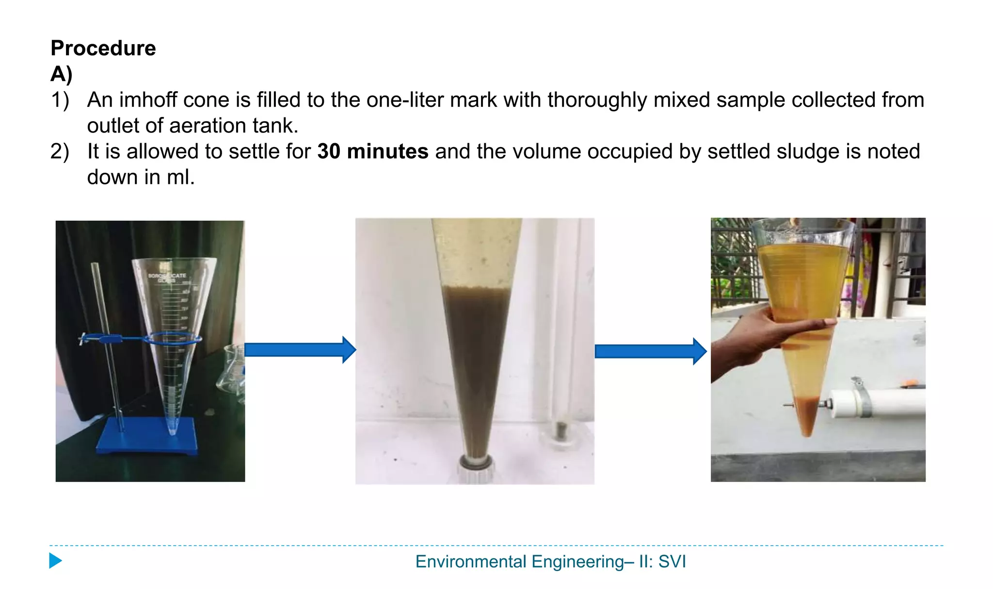 Environmental Engineering– II: SVI
Procedure
A)
1) An imhoff cone is filled to the one-liter mark with thoroughly mixed sample collected from
outlet of aeration tank.
2) It is allowed to settle for 30 minutes and the volume occupied by settled sludge is noted
down in ml.
 