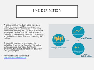 SME DEFINITION
• A micro, small or medium-sized enterprise
within the meaning of Recommendation
2003/361/EC. Necessary (but not sufficient)
conditions for being an SME are a number of
employees smaller than 250 and an annual
turnover not exceeding €50 million, and/or an
annual balance sheet total not exceeding €43
million.
• These ceilings apply to the figures for
individual firms only. A firm which is part of
larger grouping may need to include
employee/turnover/balance sheet data from
that grouping too.
• More details are explained at:
http://bit.ly/SMEdefinition
 