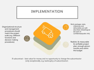 IMPLEMENTATION
Organizational structure
and management
procedures should
match the project
scale (e.g. different
functions and
decision making
procedures)
Work packages, tasks,
milestones and
deliverables are well-
described, linked/logical
[be ware of
confidential/public info]
Realistic & measurable
& verifiable project
plan; enough person
months and within
the budget
If subcontract - best value for money and no opportunity to change the subcontractor
(only exceptionally, e.g. bankruptcy of subcontractor)
 