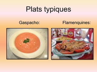 Plats typiques
Gaspacho: Flamenquines:
 