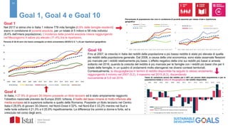 11
Goal 4
In Italia, il 27,9% di giovani 30-34enni possiede un titolo terziario ed è stato ampiamente raggiunto
l’obiettivo nazionale previsto da Europa 2020; tuttavia, il livello del tasso rimane di molto inferiore alla
media europea ed è superiore soltanto a quello della Romania. Possiede un titolo terziario nel Centro
Italia il 29,9% di giovani 30-34enni; nel Nord-Ovest il 32%, nel Nord-Est il 33,2% mentre nel Sud e
nelle Isole soltanto il 21,3% e il 20,9% rispettivamente. La differenza tra uomini e donne e forte, ed e
cresciuta nel corso degli anni.
Goal 1, Goal 4 e Goal 10
Goal 1
Nel 2017 si stima che in Italia 1 milione 778 mila famiglie (6,9% delle famiglie residenti)
siano in condizione di povertà assoluta, per un totale di 5 milioni e 58 mila individui
(8,4% dell’intera popolazione). L’incidenza della povertà assoluta cresce raggiungendo
nel Mezzogiorno il valore più elevato (11,4%) tra le ripartizioni.
Goal 10
Fino al 2007, la crescita in Italia dei redditi della popolazione a più basso reddito è stata più elevata di quella
dei redditi della popolazione generale. Dal 2008, a causa della crisi economica, sono state osservate flessioni
più marcate per i redditi relativamente più bassi. L’effetto negativo della crisi sui redditi più bassi si arresta
soltanto nel 2016, quando la crescita del reddito è più marcata per le famiglie con i redditi più bassi che per il
totale delle famiglie, in un quadro di andamenti molto eterogenei nei diversi contesti territoriali.
Contestualmente, la disuguaglianza in termini di reddito disponibile ha seguito lo stesso andamento,
raggiungendo il minimo nel 2007 (5,2), il massimo nel 2015 (6,3), discendendo
nuovamente al 5,9 nel 2016.
Percentuale di popolazione che vive in condizione di povertà assoluta per classe d’età e ripartizione
geografica
0
5
10
15
2007 2008 2009 2010 2011 2012 2013 2014 2015 2016 2017
0-17 anni 18-34 anni
35-64 anni 65 anni e piu'
Italia
0
5
10
15
2007 2008 2009 2010 2011 2012 2013 2014 2015 2016 2017
Italia Nord
Centro Mezzogiorno
10
15
20
25
30
35
2004 2005 2006 2007 2008 2009 2010 2011 2012 2013 2014 2015 2016 2017 2018
Italy Nord-Ovest Nord-Est Centro Sud Isole
Persone di 30-34 anni che hanno conseguito un titolo universitario (ISCED 5, 6, 7 o 8) per ripartizioni geografiche
0
1
2
3
4
5
6
7
-6
-5
-4
-3
-2
-1
0
1
2
3
4
5
2004 2005 2006 2007 2008 2009 2010 2011 2012 2013 2014 2015 2016
Tasso di variazione del reddito familiare (40% più povero della
popolazione)
Tasso di variazione del reddito familiare (popolazione)
Disuguaglianza del reddito disponibile (asse dx)
Tasso di variazione annuo del reddito per il 40% più povero della popolazione e per la
popolazione totale e indice di disuguaglianza del reddito disponibile
 