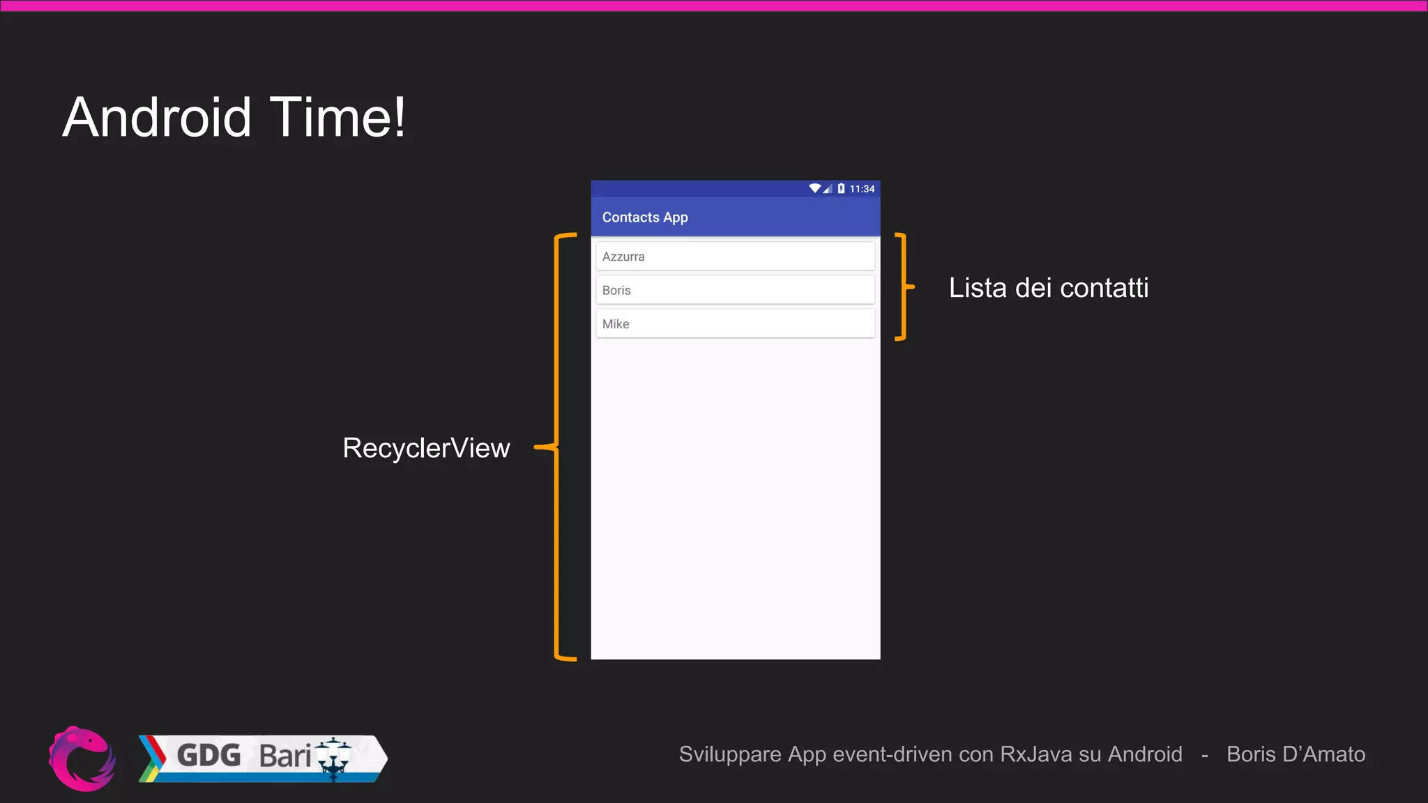 Sviluppare App event-driven con RxJava su Android - Boris D’Amato
Android Time!
RecyclerView
Lista dei contatti
 