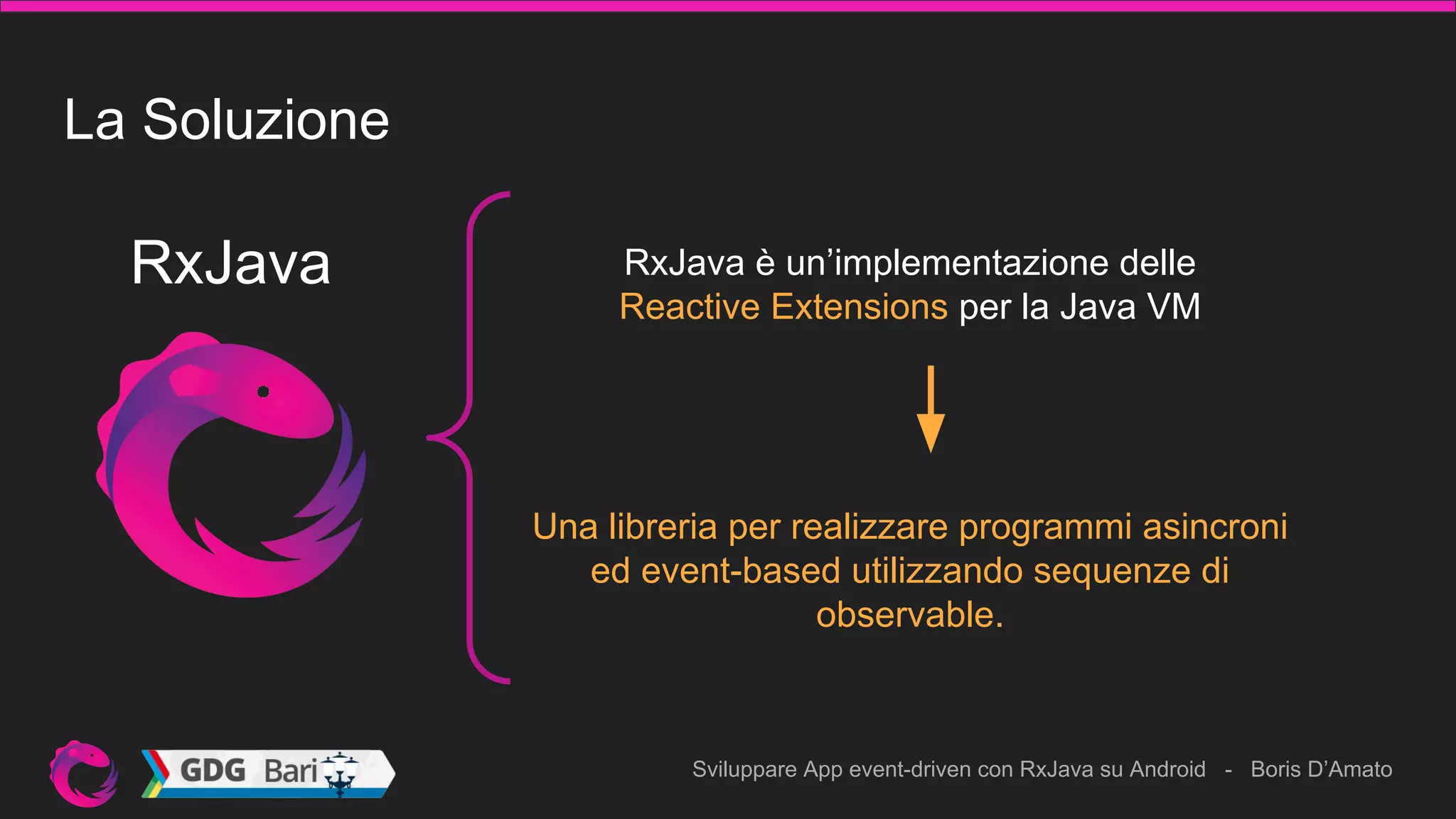 Sviluppare App event-driven con RxJava su Android - Boris D’Amato
La Soluzione
RxJava RxJava è un’implementazione delle
Reactive Extensions per la Java VM
Una libreria per realizzare programmi asincroni
ed event-based utilizzando sequenze di
observable.
 