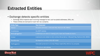 •Exchange detects specific entities 
•Exchange 2013 inspects each incoming message for text, such as postal addresses, URLs, etc. 
•These entities are stamped on each item as a property. 
Extracted Entities 
Entity Type 
Text Detected 
Address 
US postal addresses(1 Microsoft Way, Redmond WA, 98052) 
EmailAddress 
Any SMTP address 
MeetingSuggestion 
A reference to an event or meeting(Let’s meetnext Tuesday for lunch.) 
Contact 
A personal name relatedto other entities (Randy Byrne, 1 Microsoft Way, Redmond WA, 98052) 
PhoneNumber 
US telephone numbers(555) 867-5309 
TaskSuggestion 
Actionable sentences in anemail, Please install office 2013 on my computer. 
Url 
A filename or web address  