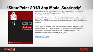 “SharePoint 2013 App Model Succinctly” 
SharePoint2013 App Model Succinctly is a hands-on approach to learning how to develop SharePoint apps. 
Author Fabio Franzini introduces readers to the concepts that make SharePoint 2013 simpler and easier to use than previous development models. 
You’ll learn to develop both on-premises and cloud applications in Visual Studio 2013, then enable your apps to communicate with SharePoint using the client-side object model (CSOM) or the representational state transfer (REST) API 
http://bit.ly/1ytzthl  