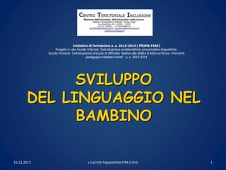 SVILUPPO
DEL LINGUAGGIO NEL
BAMBINO
16.12.2013 1
L.Carretti-logopedista-HSA Como
Iniziative di formazione a. s. 2013-2014 ...