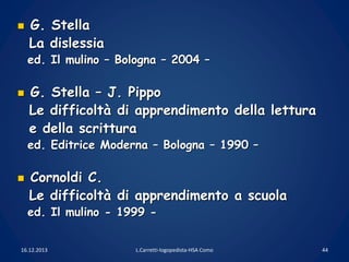  G. Stella
La dislessia
ed. Il mulino – Bologna – 2004 –
 G. Stella – J. Pippo
Le difficoltà di apprendimento della lett...