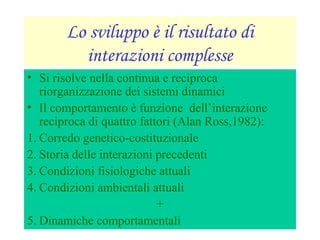 Lo sviluppo è il risultato di
interazioni complesse
• Si risolve nella continua e reciproca
riorganizzazione dei sistemi dinamici
• Il comportamento è funzione dell’interazione
reciproca di quattro fattori (Alan Ross,1982):
1. Corredo genetico-costituzionale
2. Storia delle interazioni precedenti
3. Condizioni fisiologiche attuali
4. Condizioni ambientali attuali
+
5. Dinamiche comportamentali
 