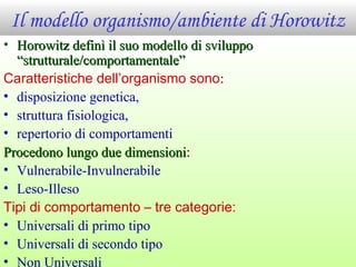 Il modello organismo/ambiente di Horowitz
• Horowitz definì il suo modello di sviluppoHorowitz definì il suo modello di sviluppo
“strutturale/comportamentale”“strutturale/comportamentale”
Caratteristiche dell’organismo sono:
• disposizione genetica,
• struttura fisiologica,
• repertorio di comportamenti
Procedono lungo due dimensioniProcedono lungo due dimensioni::
• Vulnerabile-Invulnerabile
• Leso-Illeso
Tipi di comportamento – tre categorie:
• Universali di primo tipo
• Universali di secondo tipo
• Non Universali
 