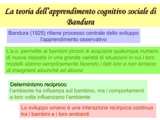 La teoria dell’apprendimento cognitivo sociale diLa teoria dell’apprendimento cognitivo sociale di
BanduraBandura
Bandura (1925) ritiene processo centrale dello sviluppo
l’apprendimento osservativo
L’a.o. permette ai bambini piccoli di acquisire qualunque numero
di nuove risposte in una grande varietà di situazioni in cui i loro
modelli stanno semplicemente facendo i fatti loro e non tentano
di insegnare alcunchè ad alcuno
Determinismo reciprocoDeterminismo reciproco:
l’ambiente ha influenza sul bambino, ma i comportamenti
a loro volta influenzano l’ambiente
Lo sviluppo umano è una interazione recirpoca continua
tra i bambini e i loro ambienti
 