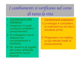 I cambiamenti si verificano nel corso
di tutta la vita
• Cambiamenti nelle
interazioni
1. Impariamo in quali
condizioni emettere i
comportamenti
2. Si sviluppano nuove
relazioni tra
comportamento e
ambiente
3. Gli eventi e gli oggetti
del nostro ambiente
assumono nuove
funzioni
• Cambiamenti progressivi
1.Lo sviluppo è cumulativo:
si costruisce su ciò che è
accaduto prima
2. Progressivo non implica
un più elevato livello di
funzionamento
 