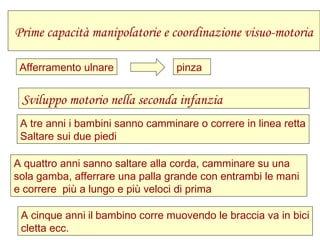 Prime capacità manipolatorie e coordinazione visuo-motoria
Afferramento ulnare pinza
Sviluppo motorio nella seconda infanzia
A tre anni i bambini sanno camminare o correre in linea retta
Saltare sui due piedi
A quattro anni sanno saltare alla corda, camminare su una
sola gamba, afferrare una palla grande con entrambi le mani
e correre più a lungo e più veloci di prima
A cinque anni il bambino corre muovendo le braccia va in bici
cletta ecc.
 