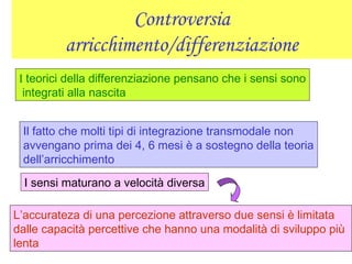 Controversia
arricchimento/differenziazione
I teorici della differenziazione pensano che i sensi sono
integrati alla nascita
Il fatto che molti tipi di integrazione transmodale non
avvengano prima dei 4, 6 mesi è a sostegno della teoria
dell’arricchimento
I sensi maturano a velocità diversa
L’accurateza di una percezione attraverso due sensi è limitata
dalle capacità percettive che hanno una modalità di sviluppo più
lenta
 