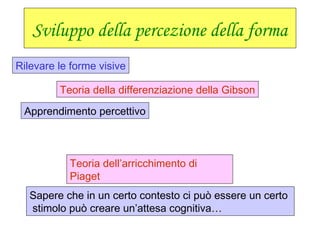 Sviluppo della percezione della forma
Rilevare le forme visive
Teoria della differenziazione della Gibson
Apprendimento percettivo
Teoria dell’arricchimento di
Piaget
Sapere che in un certo contesto ci può essere un certo
stimolo può creare un’attesa cognitiva…
 