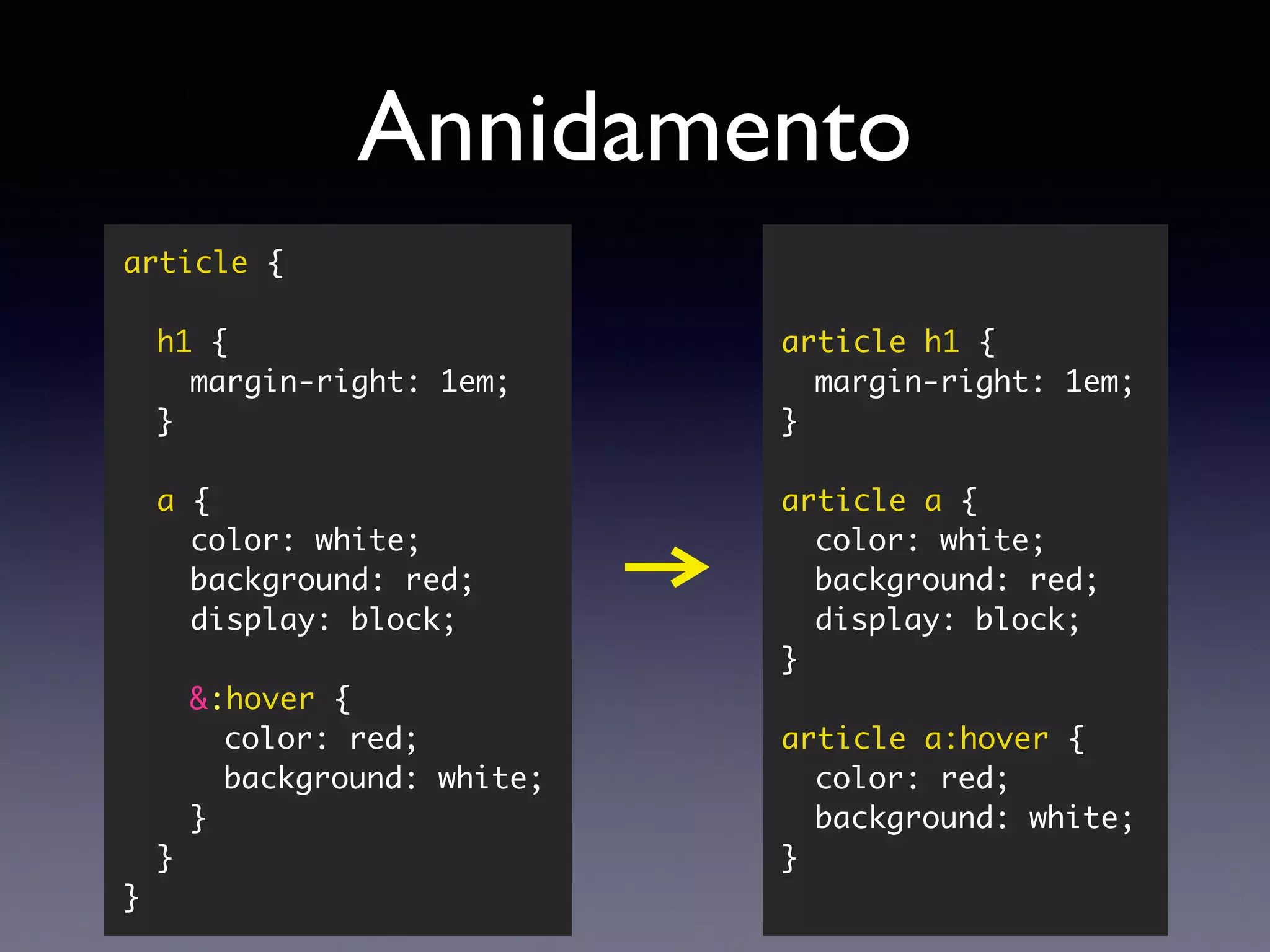 Annidamento article h1 { margin-right: 1em; } article a { color: white; background: red; display: block; } article a:hover { color: red; background: white; } article { h1 { margin-right: 1em; } a { color: white; background: red; display: block; &:hover { color: red; background: white; } } } 