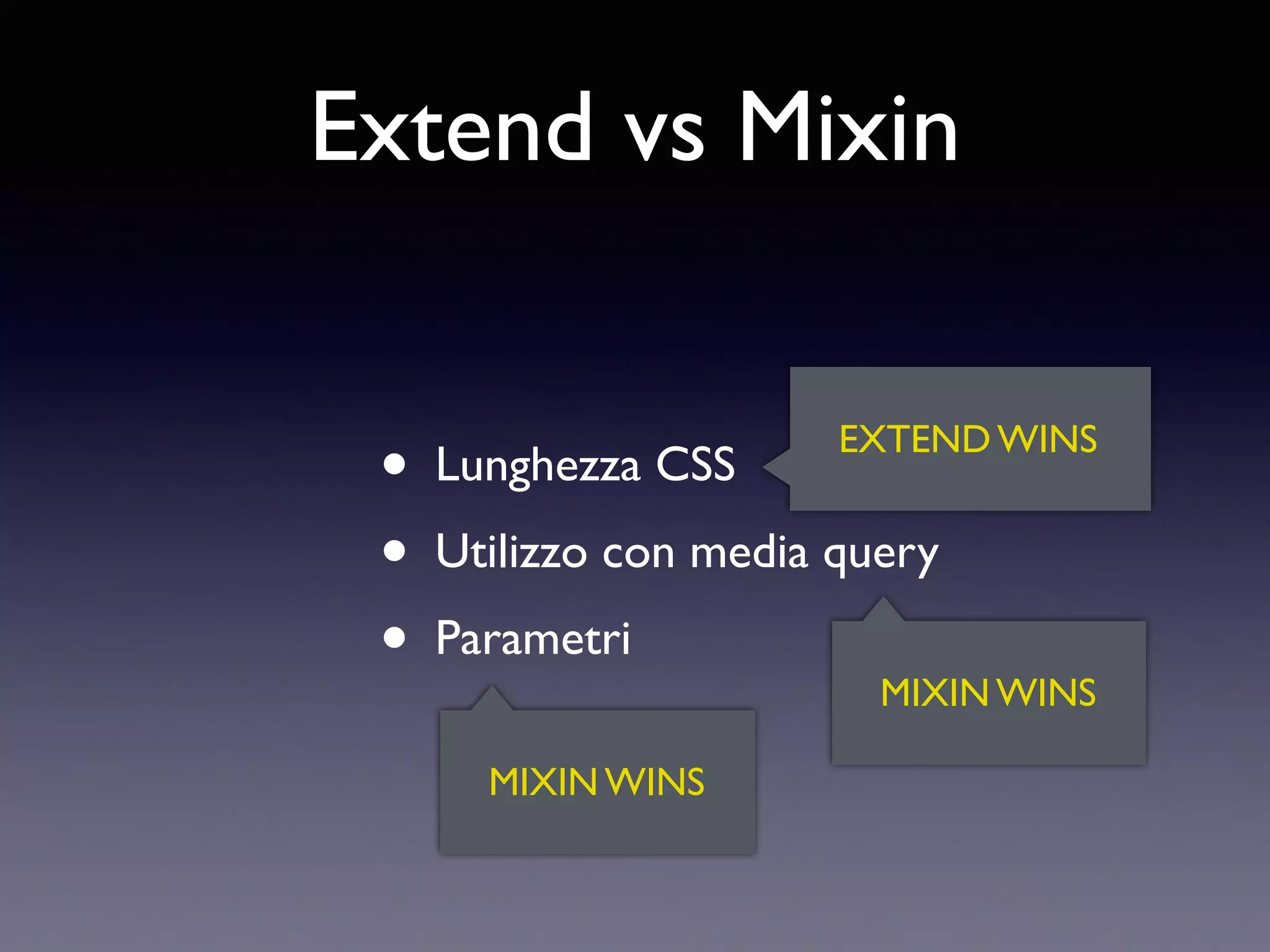 Extend vs Mixin • Lunghezza CSS • Utilizzo con media query • Parametri EXTEND WINS MIXIN WINS MIXIN WINS 