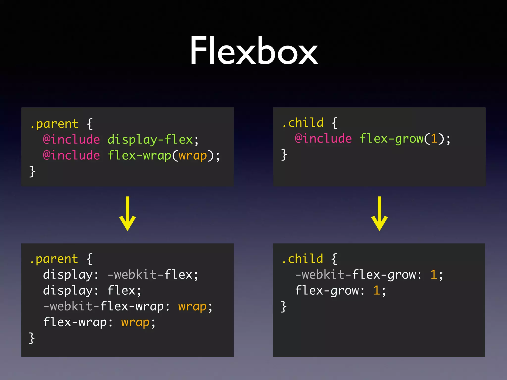 Flexbox .parent { @include display-flex; @include flex-wrap(wrap); } .child { @include flex-grow(1); } .parent { display: -webkit-flex; display: flex; -webkit-flex-wrap: wrap; flex-wrap: wrap; } .child { -webkit-flex-grow: 1; flex-grow: 1; } 