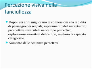 Percezione visiva nella
fanciullezza
Dopo i sei anni migliorano le connessioni e la rapidità
di passaggio dei segnali; superamento del sincretismo;
prospettiva reversibile nel campo percettivo;
esplorazione esaustiva del campo, migliora la capacità
categoriale.
Aumento delle costanze percettive
 