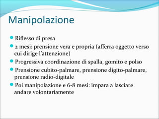 Manipolazione
Riflesso di presa
2 mesi: prensione vera e propria (afferra oggetto verso
cui dirige l’attenzione)
Progressiva coordinazione di spalla, gomito e polso
Prensione cubito-palmare, prensione digito-palmare,
prensione radio-digitale
Poi manipolazione e 6-8 mesi: impara a lasciare
andare volontariamente
 