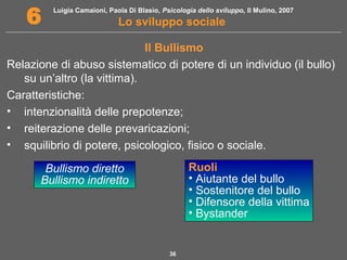 Luigia Camaioni, Paola Di Blasio, Psicologia dello sviluppo, Il Mulino, 2007
Lo sviluppo sociale6
36
Il Bullismo
Relazione di abuso sistematico di potere di un individuo (il bullo)
su un’altro (la vittima).
Caratteristiche:
• intenzionalità delle prepotenze;
• reiterazione delle prevaricazioni;
• squilibrio di potere, psicologico, fisico o sociale.
Bullismo diretto
Bullismo indiretto
Ruoli
• Aiutante del bullo
• Sostenitore del bullo
• Difensore della vittima
• Bystander
 