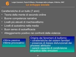 Luigia Camaioni, Paola Di Blasio, Psicologia dello sviluppo, Il Mulino, 2007
Lo sviluppo sociale6
37
Caratteristiche di un bullo (7 anni)
• Teoria della mente di secondo ordine
• Buone competenze narrative
• Livelli più elevati di machiavellismo
• Livelli di autostima nella media
• Buon senso di autoefficacia
• Atteggiamento positivo nei confronti della violenza
Vittime passive
Vittime provocatrici
Origine dei fenomeni di bullismo:
• caratteristiche dei sistemi familiari
• presenza di biases disfunzionali dei
processi attributivi
• carenti capacità di condivisione
empatica delle emozioni
 