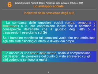 Luigia Camaioni, Paola Di Blasio, Psicologia dello sviluppo, Il Mulino, 2007
Lo sviluppo sociale6
8
Indicatori della coscienza degli altri
• La comparsa delle emozioni sociali (colpa, vergogna ecolpa, vergogna e
imbarazzoimbarazzo) e la loro espressione indica che il bambino è
consapevole dell’effetto che il giudizio degli altri o le
trasgressioni esercitano sul Sé
Se il bambino manifesta tali emozioni vuole dire che attribuisce
agli altri stati psicologici interni e diversi dai propri
• La nascita di una teoria della menteteoria della mente, ossia la comprensione
dei desideri, dei pensieri e del punto di vista attraverso cui gli
altri vedono e sentono la realtà
 