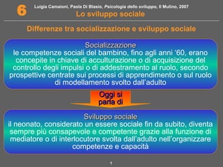 Luigia Camaioni, Paola Di Blasio, Psicologia dello sviluppo, Il Mulino, 2007
Lo sviluppo sociale6
1
Differenze tra socializzazione e sviluppo sociale
SocializzazioneSocializzazione
le competenze sociali del bambino, fino agli anni ‘60, erano
concepite in chiave di acculturazione o di acquisizione del
controllo degli impulsi o di addestramento al ruolo, secondo
prospettive centrate sui processi di apprendimento o sul ruolo
di modellamento svolto dall’adulto
Oggi siOggi si
parla diparla di
Sviluppo socialeSviluppo sociale
il neonato, considerato un essere sociale fin da subito, diventa
sempre più consapevole e competente grazie alla funzione di
mediatore o di interlocutore svolta dall’adulto nell’organizzare
competenze e capacità
 