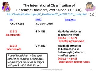 The International Classification of
Headache Disorders, 2nd Edition. (ICHD-II).
IHS WHO Diagnosis
ICHD-II Code ICD-10NA Code
11.3.2 G 44.843 Headache attributed
to refractive errors
(H 52,0 – H 52,7)
11.3.3 G 44.843 Headache attributed
to heterophoria or
heterotropia (latent or
manifest squint)
(H 50,3 – H 50,5)
Svimmelhed og hovedpine 2015 44
Smerteprofil
Smerteprofil
Brillefejl og fokusevne
Skjult skelen og svag fusion
Frontal hovedpine: I + bag øjne,
spredende til pande og tindinger.
Svag morgen, værre op ad dagen
ved synsaktivitet. Hvile lindrer.
http://ihs-classification.org/en/02_klassifikation/03_teil2/11.03.03_cranial.html
 