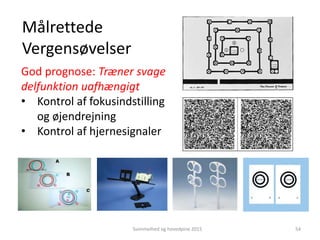 Målrettede
Vergensøvelser
God prognose: Træner svage
delfunktion uafhængigt
• Kontrol af fokusindstilling
og øjendrejning
• Kontrol af hjernesignaler
Svimmelhed og hovedpine 2015 54
 