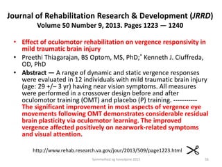 Journal of Rehabilitation Research & Development (JRRD)
Volume 50 Number 9, 2013. Pages 1223 — 1240
• Effect of oculomotor rehabilitation on vergence responsivity in
mild traumatic brain injury
• Preethi Thiagarajan, BS Optom, MS, PhD;* Kenneth J. Ciuffreda,
OD, PhD
• Abstract — A range of dynamic and static vergence responses
were evaluated in 12 individuals with mild traumatic brain injury
(age: 29 +/– 3 yr) having near vision symptoms. All measures
were performed in a crossover design before and after
oculomotor training (OMT) and placebo (P) training. -----------
The significant improvement in most aspects of vergence eye
movements following OMT demonstrates considerable residual
brain plasticity via oculomotor learning. The improved
vergence affected positively on nearwork-related symptoms
and visual attention.
http://www.rehab.research.va.gov/jour/2013/509/page1223.html
Svimmelhed og hovedpine 2015 56
 