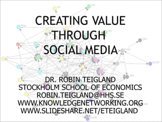 CREATING VALUE THROUGH   SOCIAL MEDIA  DR. ROBIN TEIGLAND STOCKHOLM SCHOOL OF ECONOMICS [email_address] WWW.KNOWLEDGENETWORKING.ORG WWW.SLIDESHARE.NET/ETEIGLAND  