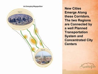 New Cities Emerge Along these Corridors. The two Regions are Connected by a well Planned Transportation System and Concentrated City Centers 