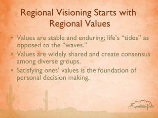 Regional Visioning Starts with  Regional Values Values are stable and enduring; life’s “tides” as opposed to the “waves.” Values are widely shared and create consensus among diverse groups. Satisfying ones’ values is the foundation of personal decision making. 