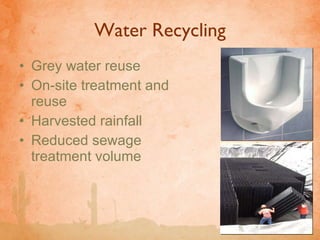Water Recycling Grey water reuse On-site treatment and reuse Harvested rainfall Reduced sewage treatment volume 
