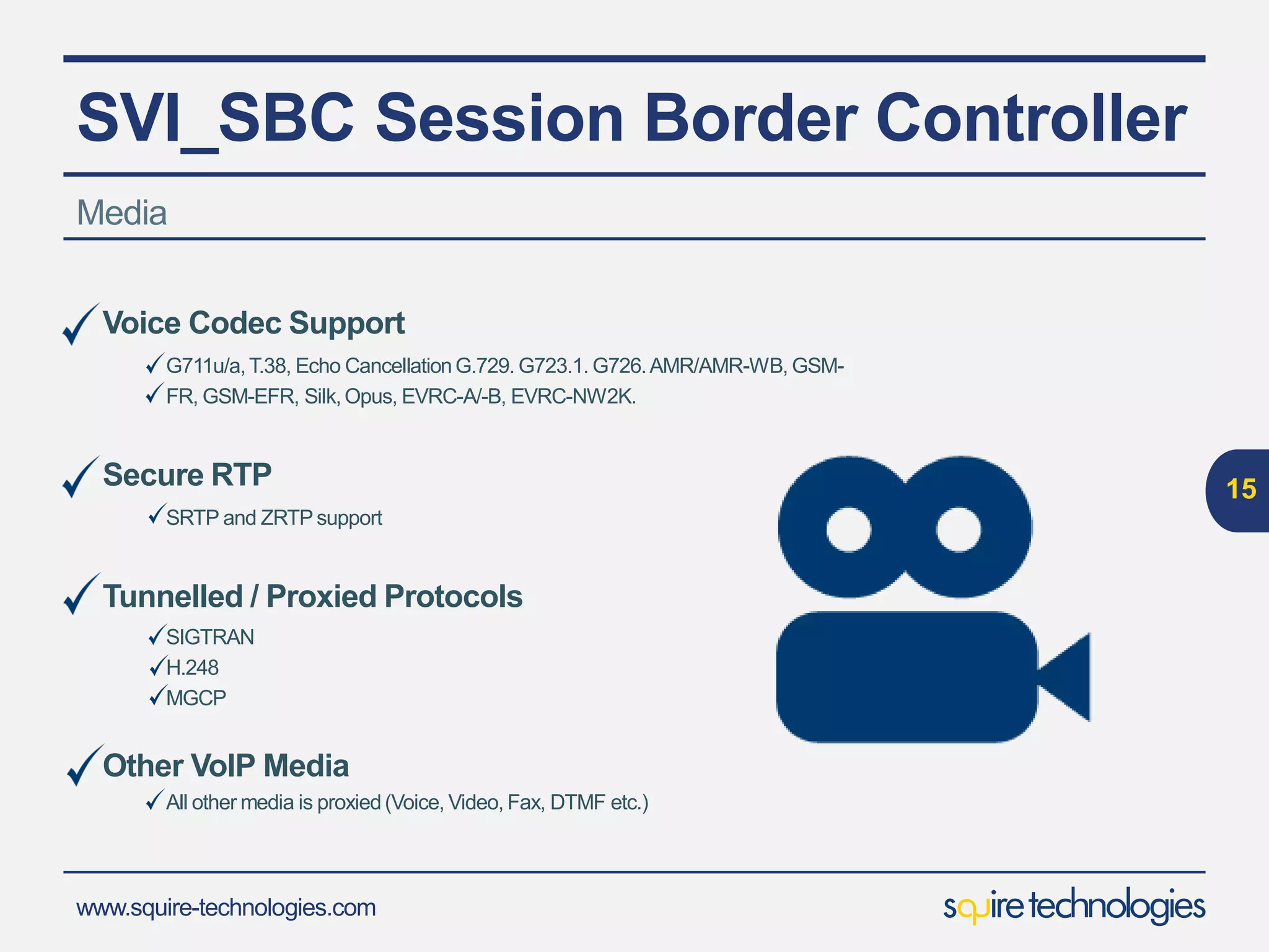 www.squire-technologies.com
SVI_SBC Session Border Controller
Network Address Translation Traversal
15
Your
Network
Private
PBX
NAT/ PATTranslation
Allows for public to private address translation
Network Topology Hiding
Allowing VoIP endpoint IP addresses to be hidden from
their IP destination
Requires Hardware
No need for:
STUN
ICE
DNS SRV
No other subscriber set options
Full support for NAT traversal including comprehensive Network Topology
Public
 
