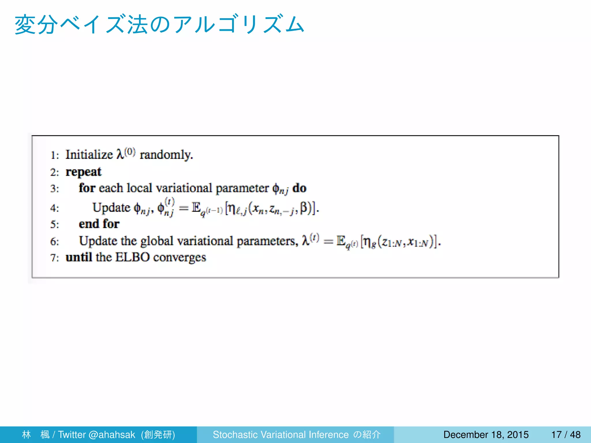 変分ベイズ法のアルゴリズム
林 楓 / Twitter @ahahsak (創発研) Stochastic Variational Inference の紹介 January 12, 2016 17 / 53
 