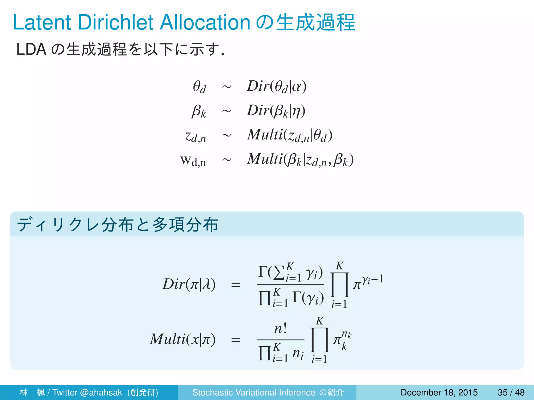Latent Dirichlet Allocation の生成過程
LDA の生成過程を以下に示す．
θd ∼ Dir(θd|α)
βk ∼ Dir(βk|η)
zd,n ∼ Multi(zd,n|θd)
wd,n ∼ Multi(βk|zd,n, βk)
ディリクレ分布と多項分布
Dir(π|λ) =
Γ(
∑K
i=1 γi)
∏K
i=1 Γ(γi)
K∏
i=1
πγi−1
Multi(x|π) =
n!
∏K
i=1 ni
K∏
i=1
πnk
k
林 楓 / Twitter @ahahsak (創発研) Stochastic Variational Inference の紹介 January 12, 2016 35 / 53
 