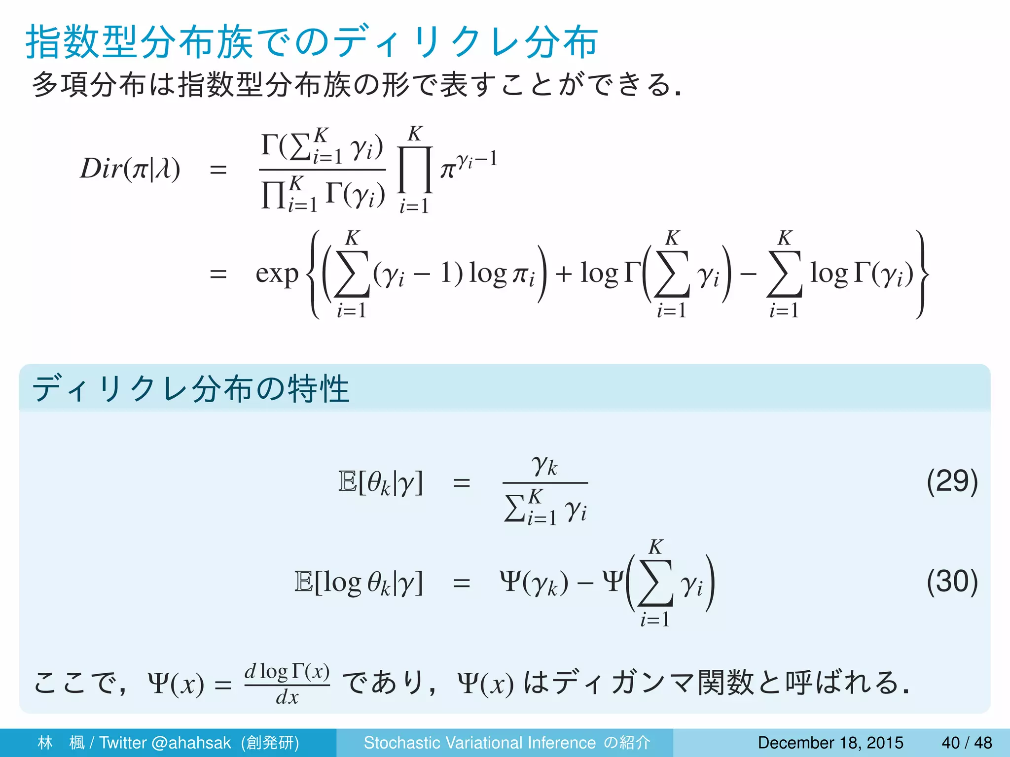 指数型分布族でのディリクレ分布
多項分布は指数型分布族の形で表すことができる．
Dir(π|λ) =
Γ(
∑K
i=1 γi)
∏K
i=1 Γ(γi)
K∏
i=1
πγi−1
= exp



( K∑
i=1
(γi − 1) log πi
)
+ log Γ
( K∑
i=1
γi
)
−
K∑
i=1
log Γ(γi)



ディリクレ分布の特性
E[θk|γ] =
γk
∑K
i=1 γi
(29)
E[log θk|γ] = Ψ(γk) − Ψ
( K∑
i=1
γi
)
(30)
ここで，Ψ(x) =
d log Γ(x)
dx であり，Ψ(x) はディガンマ関数と呼ばれる．
林 楓 / Twitter @ahahsak (創発研) Stochastic Variational Inference の紹介 January 12, 2016 40 / 53
 