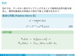 SVI
SVI では，データの一部をサンプリングすることで確率的自然勾配を推
定し，確率的最適化の枠組みで変分下限 L の最大化を行う．
最適化問題 (Robbins Monro 型)
q∗
= argmax
q
L(q)
λ(t)
= λ(t−1)
+ ρ(t) ˆ∇λLi(λ) (22)
自然勾配
ˆ∇λL(λ) = Eϕ
[
ηg(x, z, α)
]
− λ
ˆ∇ϕnj L(ϕnj) = Eλ,ϕn,− j
[
ηl(xn, zn, β)
]
− ϕnj
林 楓 / Twitter @ahahsak (創発研) Stochastic Variational Inference の紹介 January 12, 2016 21 / 53
 