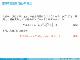 確率的自然勾配の導出
式 (20)，(24) より，LI(λ) の自然勾配は次のようになる．{x(N)
i , z(N)
i } は観
測 xn，潜在変数 zn の N 個のサンプルからなるデータセット．
ˆ∇λLi(λ) = Eq
[
ηg(x(N)
i , z(N)
i , α)
]
− λ (25)
また，式 (5) と (25) から
ˆ∇λLi(λ) = α + N · (Eϕi(λ) [t(xi, zi)] , 1) − λ (26)
林 楓 / Twitter @ahahsak (創発研) Stochastic Variational Inference の紹介 January 12, 2016 24 / 53
 