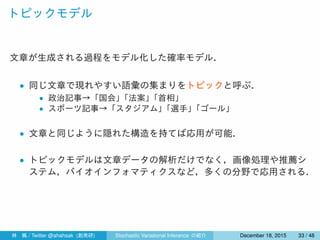 トピックモデル
文章が生成される過程をモデル化した確率モデル．
• 同じ文章で現れやすい語彙の集まりをトピックと呼ぶ．
• 政治記事→「国会」「法案」「首相」
• スポーツ記事→「スタジアム」「選手」「ゴール」
• 文章と同じように隠れた構造を持てば応用が可能．
• トピックモデルは文章データの解析だけでなく，画像処理や推薦シ
ステム，バイオインフォマティクスなど，多くの分野で応用される．
林 楓 / Twitter @ahahsak (創発研) Stochastic Variational Inference の紹介 January 12, 2016 33 / 53
 