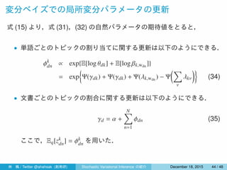 変分ベイズでの局所変分パラメータの更新
式 (15) より，式 (31)，(32) の自然パラメータの期待値をとると，
• 単語ごとのトピックの割り当てに関する更新は以下のようにできる．
ϕk
dn ∝ exp{E[log θdk] + E[log βk,wdn ]}
= exp
{
Ψ(γdk) + Ψ(γdk) + Ψ(λk,wdn ) − Ψ
(∑
ν
λkν
)}
(34)
• 文書ごとのトピックの割合に関する更新は以下のようにできる．
γd = α +
N∑
n=1
ϕdn (35)
ここで，Eq[zk
dn] = ϕk
dn を用いた．
林 楓 / Twitter @ahahsak (創発研) Stochastic Variational Inference の紹介 January 12, 2016 44 / 53
 