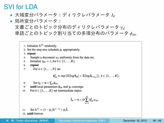 SVI for LDA
• 大域変分パラメータ：ディリクレパラメータ λk
• 局所変分パラメータ：
文書ごとのトピック分布のディリクレパラメータ γd
単語ごとのトピック割り当ての多項分布のパラメータ ϕdn
林 楓 / Twitter @ahahsak (創発研) Stochastic Variational Inference の紹介 January 12, 2016 46 / 53
 