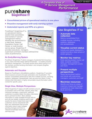 FACT SHEET
                                                      A Complete View of
                                                            IT Service Management
                                                                          Performance


  Consolidated picture of operational metrics in one place
  Proactive management with early warning system
  Automated reports and KPIs at a glance

PureShare® SingleView IT is
                                                                          Use SingleView IT to:
an operational metrics
solution that consolidates
                                                                           Automate data
and monitors IT service                                                    collection
management metrics.                                                        Metrics consolidated from
Whether the environment is                                                 multiple sources, including
a Help Desk, Network                                                       systems, databases
Operations Center, Call                                                    and spreadsheets
Center, or multi-function
service group, SingleView IT                                               Visualize current status
provides executives, managers,                                             Activity and results displayed in
supervisors and team members withreal-time                                 context provide a clear picture of
views of performance.                                                      what’s going on
An Early-Warning System                                                    Monitor key metrics
PureShare SingleView IT alerts managers of potential SLA breaches –        Early warning system tracks call
or any metric that falls below defined thresholds – to enable proactive    stats, incidents, problems,
operations management. The timely results show what’s going on at          changes, management events
the moment, provide trending information, and compare progress             and more
against objectives.

Automate and Visualize                                                     Present multiple
Based on PureShare’s ActiveMetrics platform, SingleView IT provides
                                                                           perspectives
direct access to answers through automation and visualization. The         Share service-level metrics
solution consolidates performance data from multiple sources, including    and trends with executives,
systems, databases, spreadsheets, web services and others. It then         managers, customers and staff
renders that information in highly consumable visual information within
context for specific users.                                                Maximize resources
                                                                           Identify and focus on areas of
Single View, Multiple Perspectives                                         maximum impact and manage
                                                                           exceptions to meet objectives,
While SingleView IT aligns all staff members around
a consistent view of the data, specific views help                         SLAs and OLAs
individual managers, supervisors, staff and
customers to quickly obtain the status information
that is pertinent to them. More detailed
information is made available through drill-ins
and roll-over details, enabling users to get
exactly the level of detail they need. Even
customers can be empowered with
their own dashboards that provide
information about major outages,
pending changes and links to
relevant knowledge bases and
self-help tools.
 