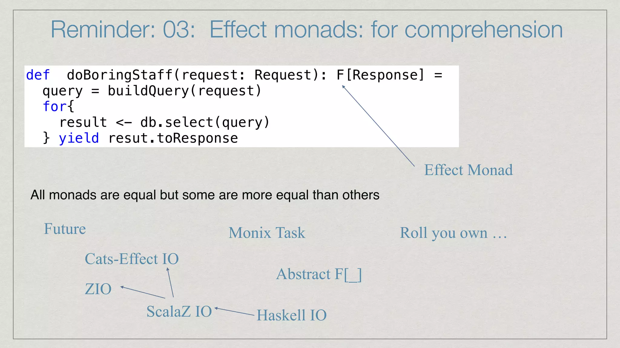 Reminder: 03: Effect monads: for comprehension
def doBoringStaff(request: Request): F[Response] =


query = buildQuery(request)


for{


result <- db.select(query)


} yield resut.toResponse
Effect Monad
All monads are equal but some are more equal than others
Future
Cats-Effect IO
ZIO
Abstract F[_]
Monix Task Roll you own …
Haskell IO
ScalaZ IO
 